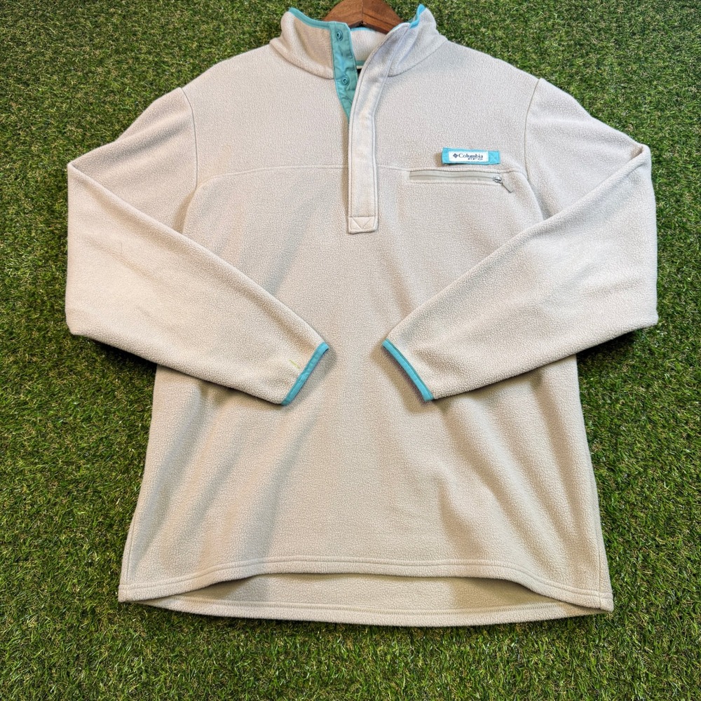 Columbia PFG Fleece Pullover Mens Medium Tan Aqua Blue Quarter Snap Jacket